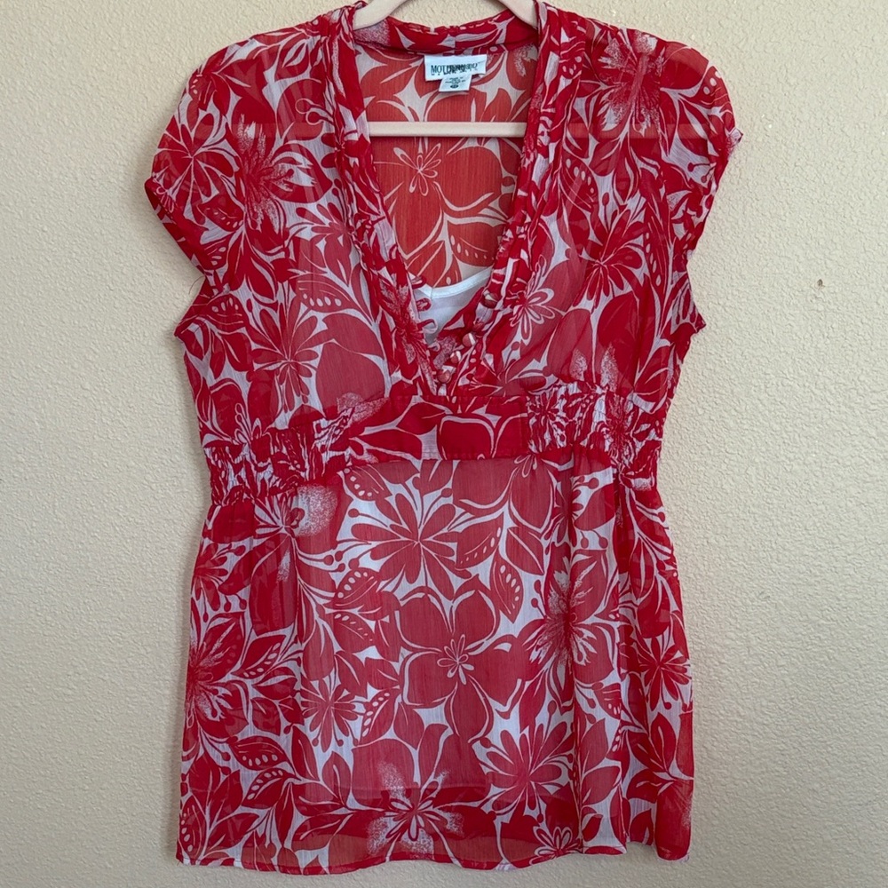 Motherhood Maternity Red Floral Sheer V-Neck Women’s Top Size Medium